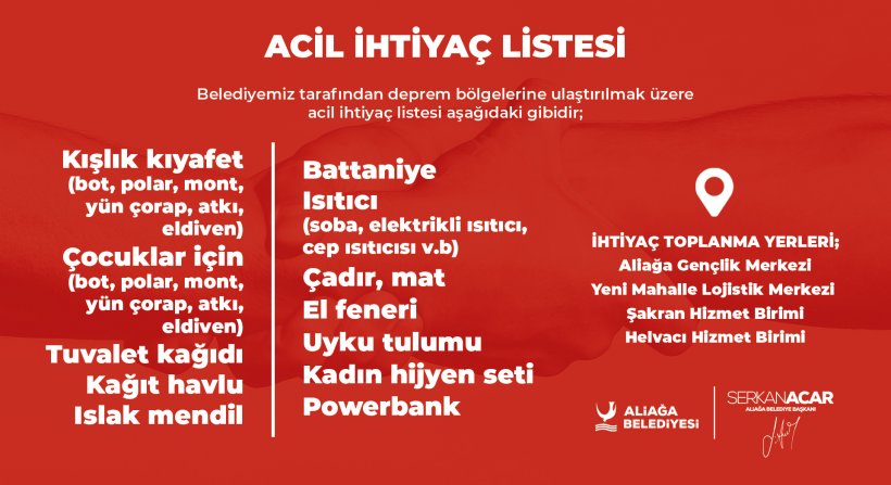 Aliağa Belediyesi'nden Deprem Bölgesi İçin Yardım Kampanyası